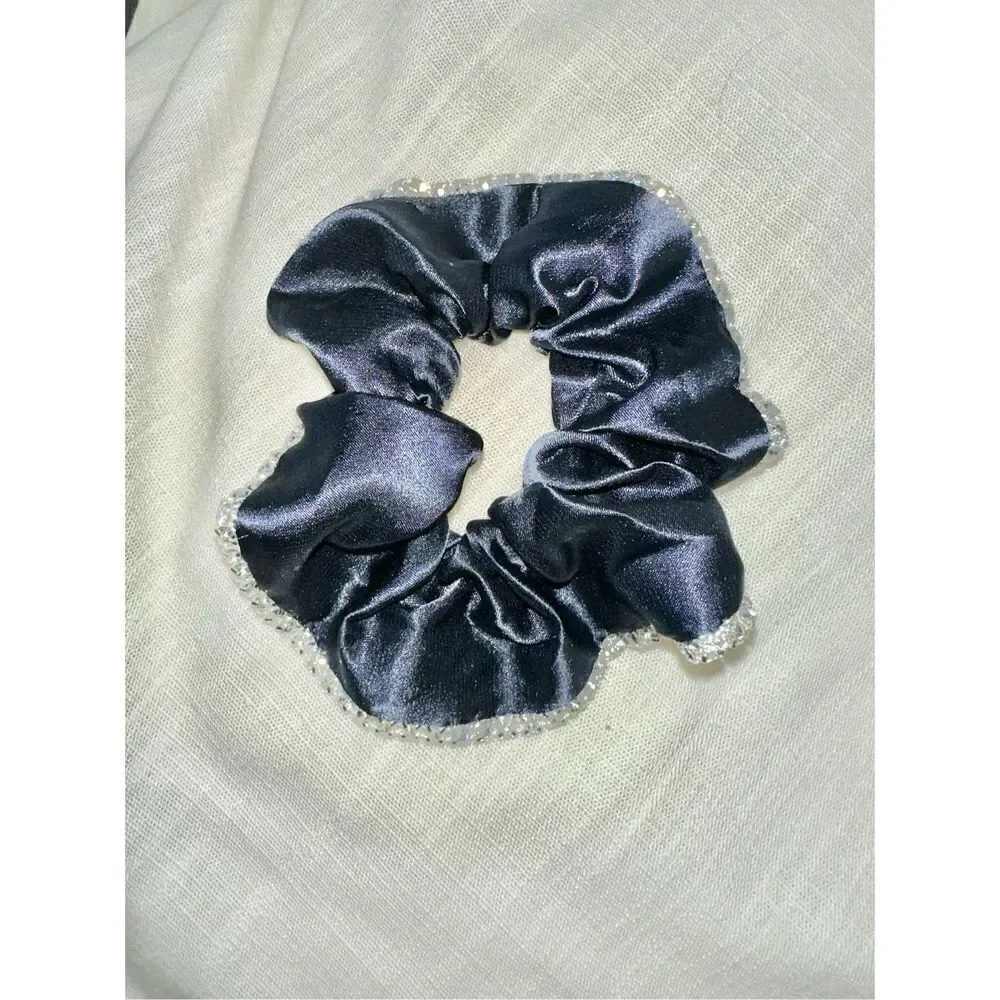 Navy satin hair scrunchie with rhinestone trim